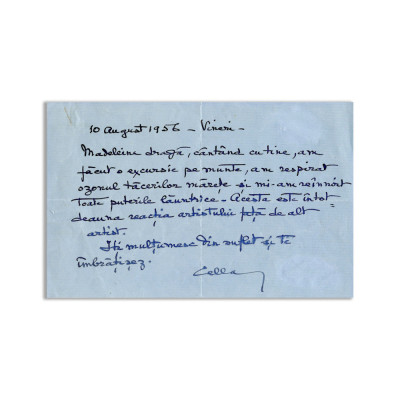 Cella Delavrancea, scrisoare către Madeleine Cocorăscu, 1956 foto