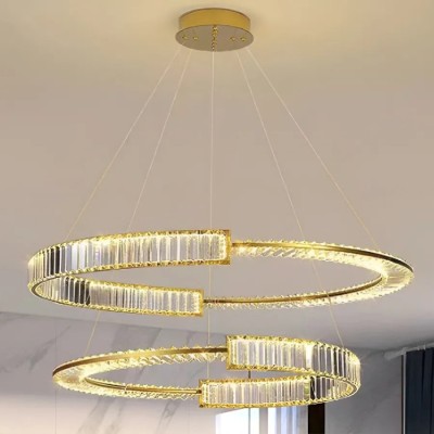 Lustra LED suspendata cu telecomanda si cristal PRISM REGAL 200W, 2 Cercuri, lumina Rece/Calda/Neutra, Dimabila, Auriu, Inaltime Reglabila foto