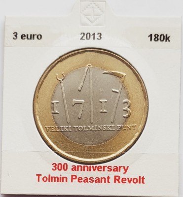 2241 Slovenia 3 euro 2013 Tolmin Peasant Revolt km 108 foto