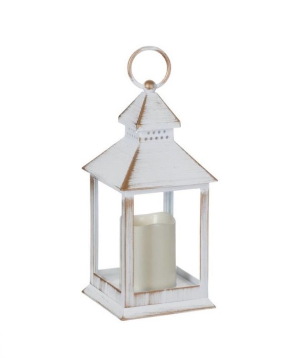 Felinar decorativ alb cu lumanare si led cu lumina calda, 11x11x24 cm