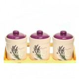 Set 3 recipiente ceramice condimente cu suport din lemn Lavanda