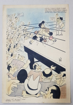 CARICATURA DE LA MECIUL DE BOX DINTRE VIRGIL CAZACU SI CHENDREANU , SEMNATA INDESCIFRABIL , 1950 foto