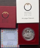 MONEDA DIN ARGINT IN CUTIE ORIGINALA SI CERTIFICAT - AUSTRIA - 100 SCHILLING 2001, SFANTUL IMPERIU ROMAN - CAROL CEL MARE - PROOF