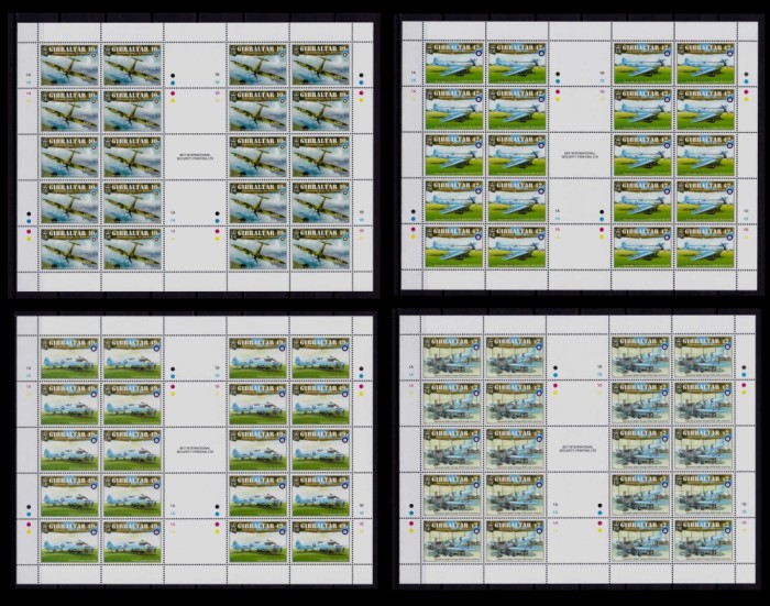 ✅Gibraltar 2011 &quot;A 75-a aniversare - avionul Spitfire Supermarine &quot; , serie Mi. 1443/1446 in minicoli de 20 , cota 140 &euro; , nominal 60.20 GBP , MNH