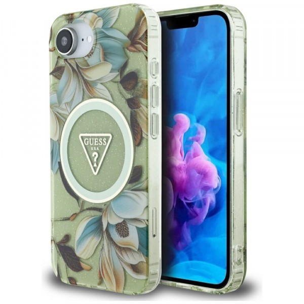 Husa MagSafe pentru Apple iPhone 16e, Guess, IML Metal Glitter Flowers Triangle, Verde
