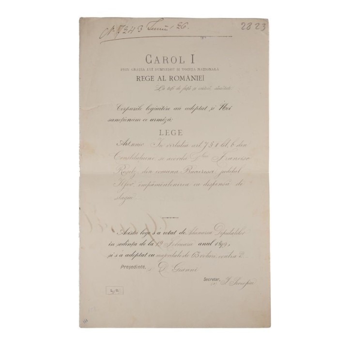 Decret de &icirc;mpăm&acirc;ntenire, semnat olograf de regele Carol I, 1899