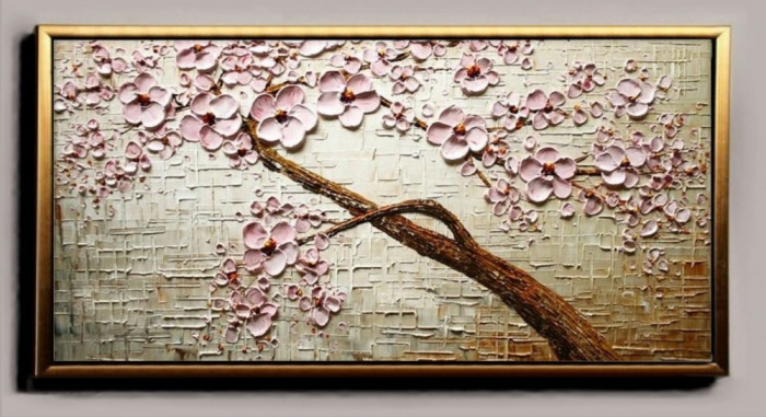 Tablou pictat manual 100x50 Pictura cu flori Tablou pictat in cutit Galerie arta