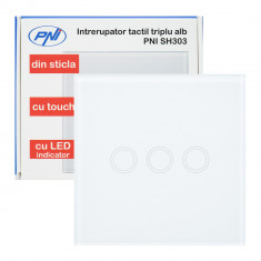 Intrerupator triplu cu touch PNI SH303 din sticla, alb cu LED indicator PNI-SH303