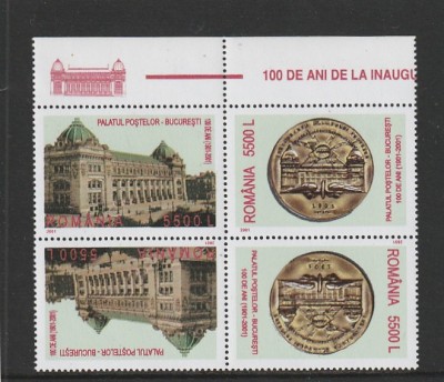 ROMANIA 2002 LP 1575 a 100 ANI INAUGURAREA PALATULUI PTT SERIE TETE-BECHE MNH NESTAMPILATA foto