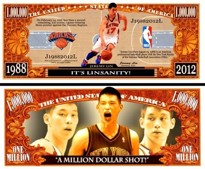 !!! SUA = FANTASY NOTE (TJ6) = JEREMY LIN , JUCATOR DE BASCHET - 2012 - UNC foto