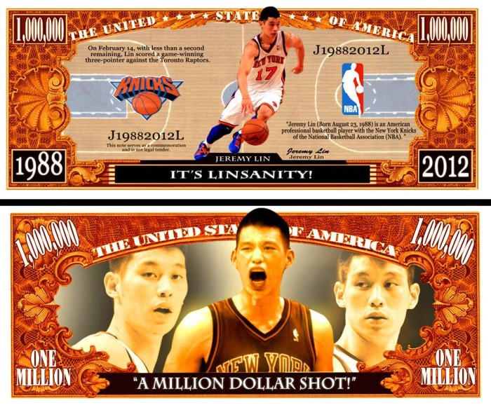 !!! SUA = FANTASY NOTE (TJ6) = JEREMY LIN , JUCATOR DE BASCHET - 2012 - UNC