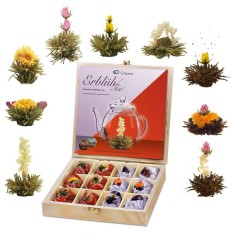 Set cadou Creano ErbluhTee in cutie de lemn cu inchidere magnetica, 12 bile ceai infloritor, 9 varietati