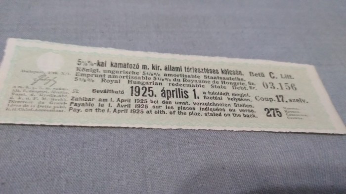 CUPOANE /BON DE TREZORERIE CU REDUCERE 1925 UNGARIA
