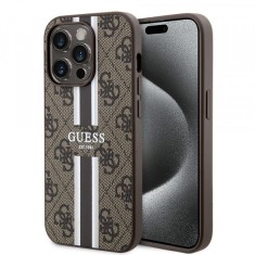 Husa MagSafe pentru Apple iPhone 15 Pro, Guess, 4G Printed Stripes, Maro