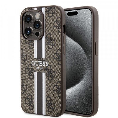 Husa MagSafe pentru Apple iPhone 15 Pro Max, Guess, 4G Printed Stripes, Maro foto