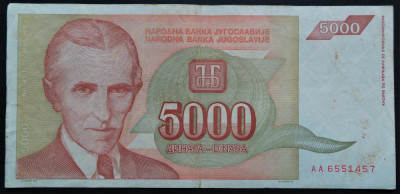 Bancnota 5000 DINARI / DINARA - YUGOSLAVIA, anul 1993 * cod 239 foto