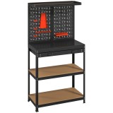 HOMCOM Banc de lucru cu panou perforat pentru scule, 2 rafturi și sertar, din oțel și lemn, 80x40,5x155 cm, negru | Aosom Romania