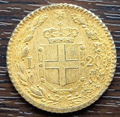 (S) REPLICA MONEDA AUR ITALIA - 20 LIRE 1882, UMBERTO I, PLACATA CU AUR