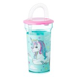 Pahar cu capac si pai pentru bauturi,Unicorn,plastic,turcoaz,400 ml, Oem