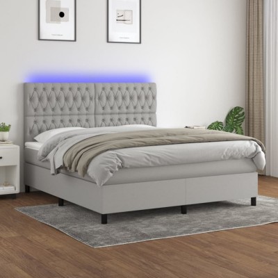 vidaXL Pat cu arcuri, saltea și LED, gri deschis, 160x200 cm, textil 3135125 foto