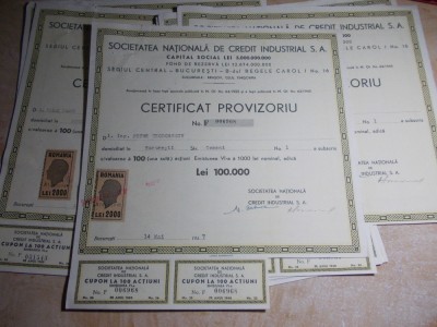 SOCIETATEA NATIONALA DE CREDIT INDUSTRIAL *CERTIFICAT PROVIZORIU ,1947 ( 8 BUC ) foto