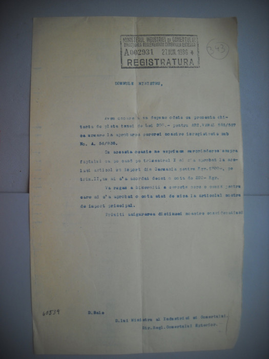 HOPCT DOCUMENT VECHI 343 MINISTERUL INDUSTRIEI COMERT EXTERIOR /BUCURESTI 1936