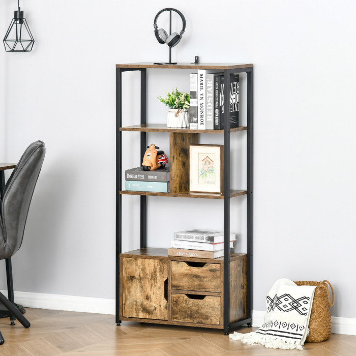 HOMCOM Biblioteca cu 3 Rafturi, Dulap si 2 Sertare, Biblioteca Stil Industrial din PAL si Metal, 58x24x122 cm, Negru si Lemn natur