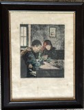 Tablou / lucrare veche &rdquo;Țărani la masă&rdquo; de Oscar Glatz (1872-1958), acvaforte (gravură) pe h&acirc;rtie, semnat dreapta jos, Scoala de la Baia Mare
