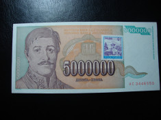 IUGOSLAVIA 5000000 DINARI CU TIMBRU 1993 AUNC- foto