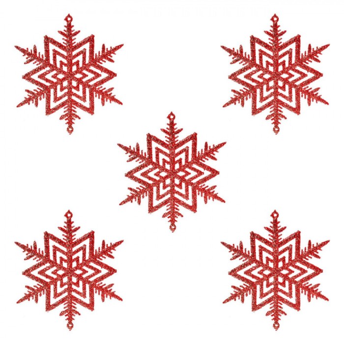 Ornament Brad Crăciun, Fulg Glitter, Set 5 Bucăți, Culoare Roșu, Dimensiuni 10x10 cm, Material Plastic