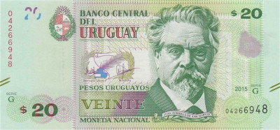URUGUAY █ bancnota █ 20 Pesos Uruguayos █ 2015 █ P-93 █ UNC █ necirculata foto