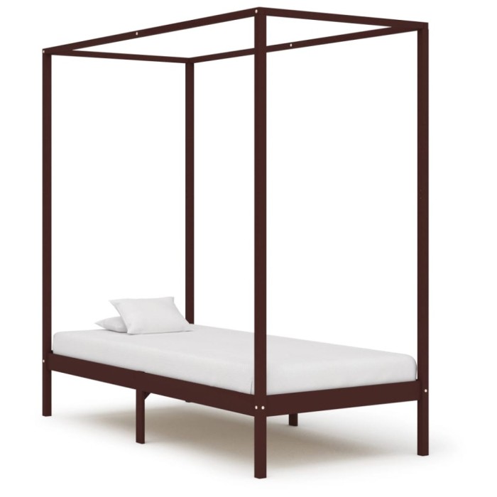 vidaXL Cadru pat cu baldachin, maro &icirc;nchis, 90x200cm, lemn masiv pin