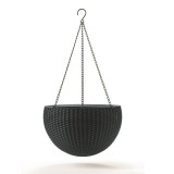 Ghiveci Suspendat Keter Cylinder Graphite 8.6L, Imitatie Ratan, Lant Inox, 35x22 cm, Ghiveci Sferic, Gradina, Balcon, Terasa