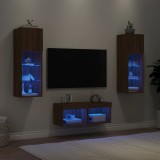 Comode TV de perete cu lumini LED, 4 piese, stejar maro