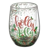Pahar de Craciun din sticla cu confetti roșu și verde Holly Jolly, CMCLASS