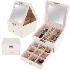 Organizator Cutie pentru Bijuterii, Ceasuri sau Accesorii, cu Oglinda, 12 de Compartimente, Culoare Crem