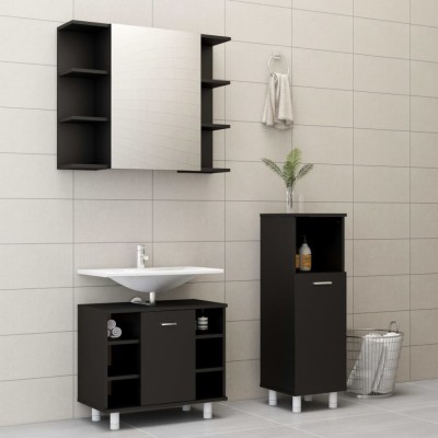 Set mobilier de baie, 3 piese, negru, lemn prelucrat foto