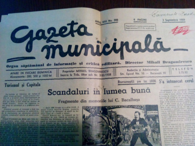 GAZETA MUNICIPALA - 3 Septembrie 1939 - 4 p. - Mihail Dragomirescu (propietar) foto