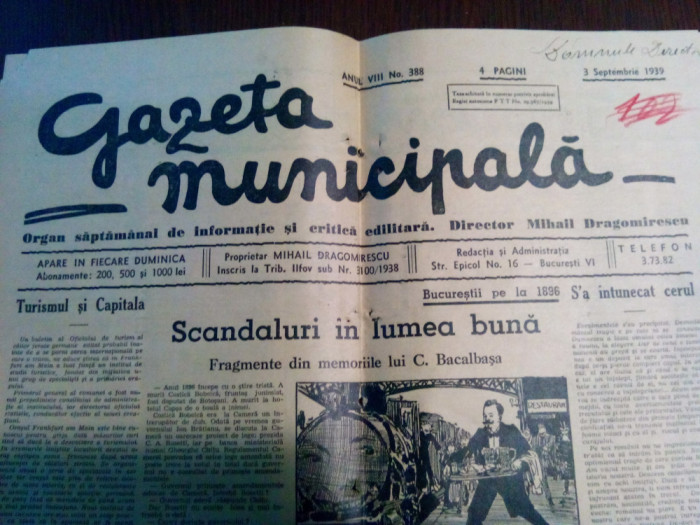 GAZETA MUNICIPALA - 3 Septembrie 1939 - 4 p. - Mihail Dragomirescu (propietar)