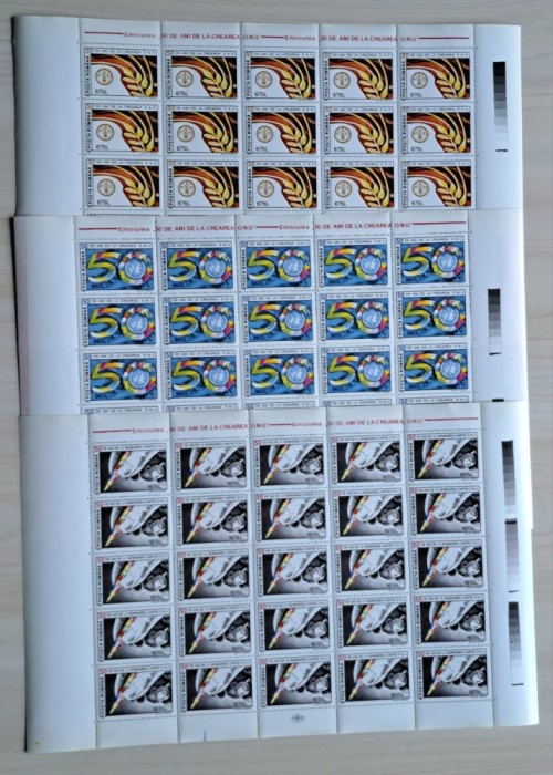 TIMBRE ROM&Acirc;NIA LP1373/1995 -50 de ani de la crearea O.N.U. -Set 3 coli -MNH