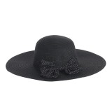 Palarie de plaja neagra cu bor mare si funda cu buline