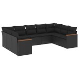 Set mobilier de gradina cu perne, 9 piese, negru, poliratan