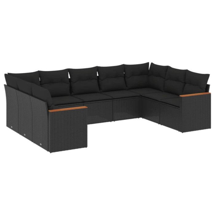 Set mobilier de gradina cu perne, 9 piese, negru, poliratan