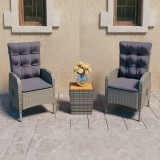 Set Bistro Gradina 3 Piese vidaXL, Poliratan Gri, Lemn Acacia, Masa 41.5cm, Scaune 58x63x108cm, Perne Incluse