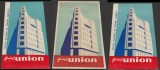 Romania anii 60 - Set 3 vignete de bagaje Hotel UNION din Bucuresti (tip 1, varietati), ONT Carpati, etichete hoteliere, promovare turistica