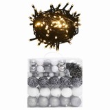 Cumpara ieftin Set globuri Craciun cu varf &amp; 300 LED-uri 120 piese alb &amp; gri