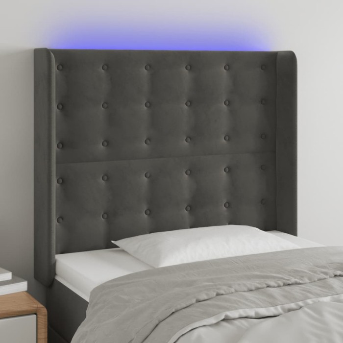 vidaXL Tăblie de pat cu LED, gri &icirc;nchis, 83x16x118/128 cm, catifea 3124513