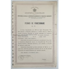 PERMIS DE FUNCTIONARE ACORDAT FABRICII DE ROM .LICHIOR SI CONIAC &#039; IOSIF RINZLER , BUCURESTI , 1936