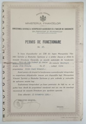 PERMIS DE FUNCTIONARE ACORDAT FABRICII DE ROM .LICHIOR SI CONIAC &amp;#039; IOSIF RINZLER , BUCURESTI , 1936 foto