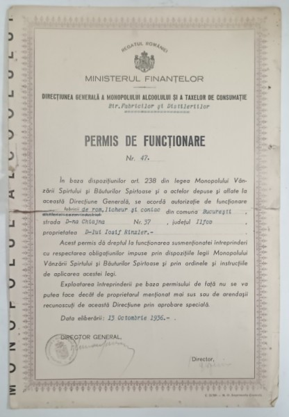PERMIS DE FUNCTIONARE ACORDAT FABRICII DE ROM .LICHIOR SI CONIAC &#039; IOSIF RINZLER , BUCURESTI , 1936